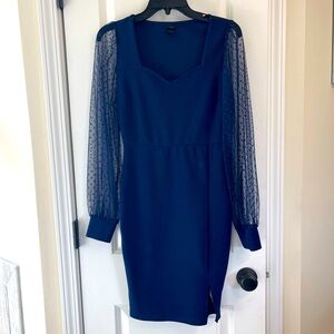 SHEIN Clasi Contrast Dobby Mesh Lantern Sleeve Bodycon Dress-navy blue